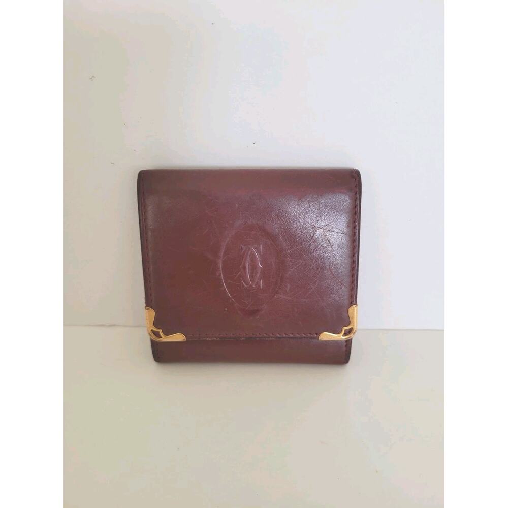 Cartier Vintage Mini Coin Case Holder Wallet Bordeaux Leather Small Red Burgundy